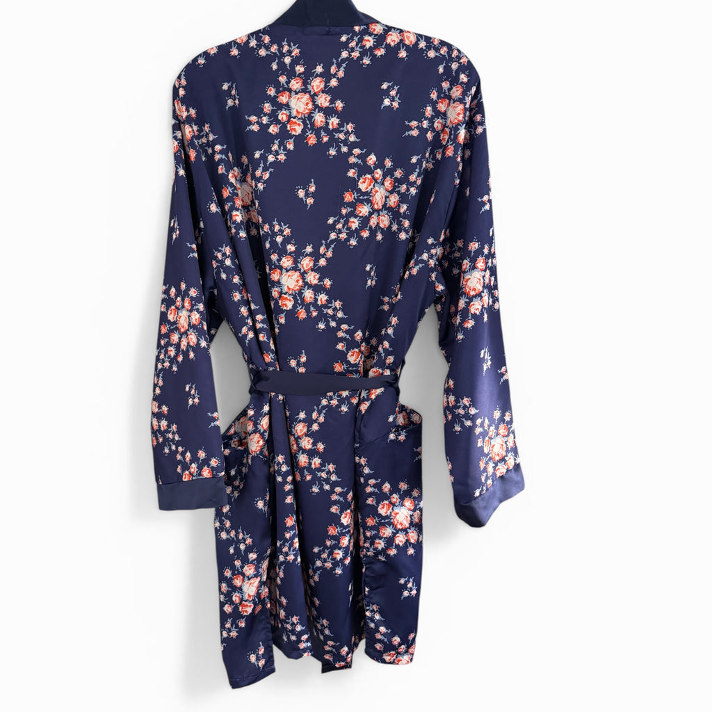 NWT Morgan Lane X Fab Fit Fun Satin Navy Blue Floral Robe, Lightweight Size L