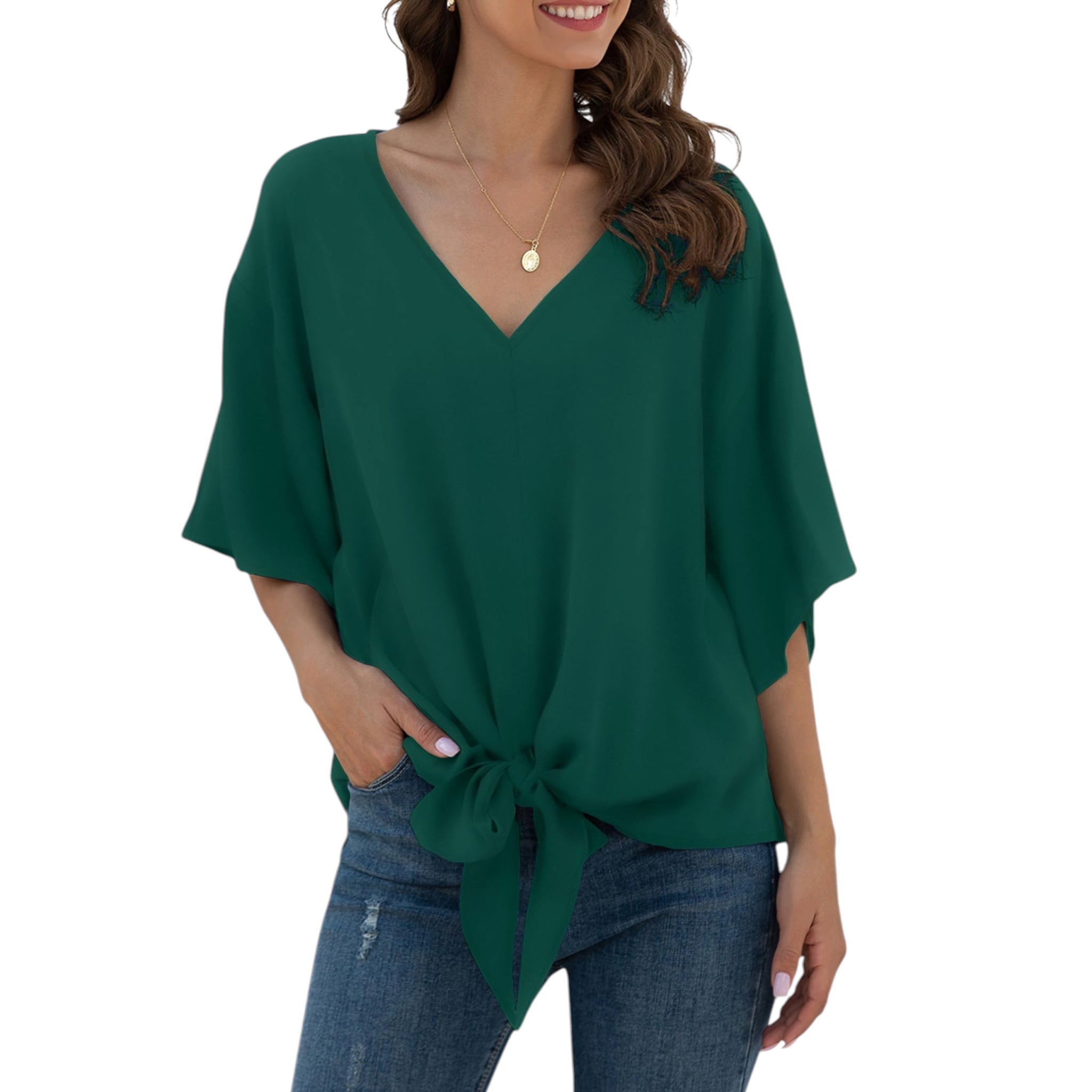 Womens Green Chiffon Blouse V Neck Tie Front Batwing Sleeves XL